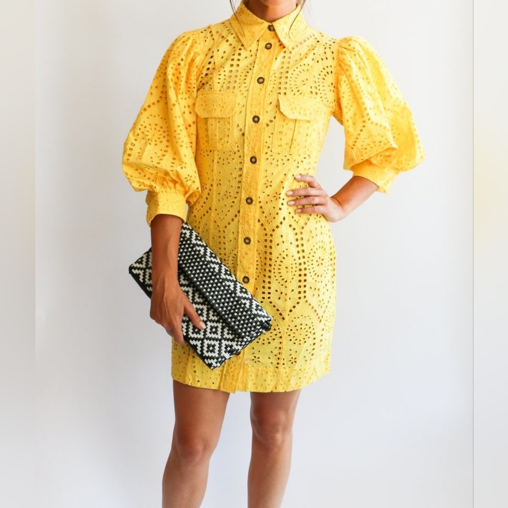 GANNI Eyelet Broderie Anglaise Balloon Sleeve Cotton Yellow Mini Dress s…